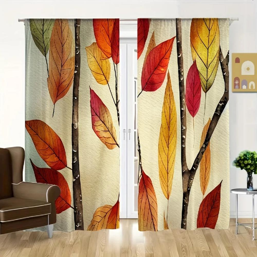 2pcs Watercolor Botanical Kitchen Curtains - Colorful LeavesDesign for Living Room, Bedroom, and Kitchen Home Decor