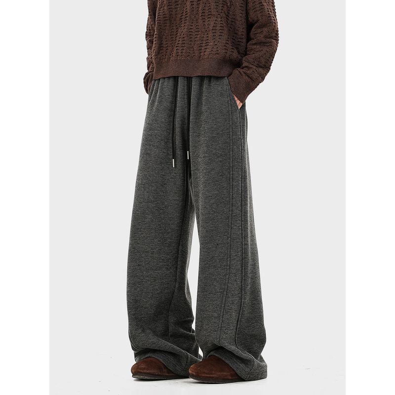 51 Hip-Hop American Minimalist Solid Color Patchwork Fleece-Lined Casual Wide-Leg Pants for Men and Women, Winter Thickened Drapey Sports Trousers