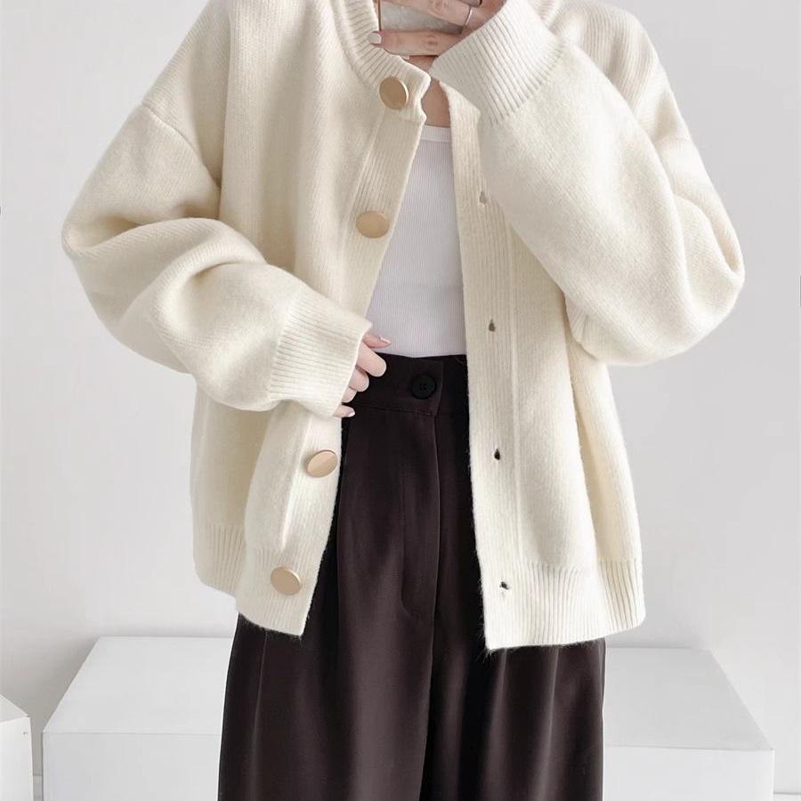 Thick Knit Single-Breasted Solid Color Cardigan - Loose Fit, Round Neck