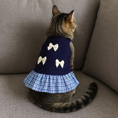 Cute Korean Style Dog Princess Skirt Thin Soft Pet Strap Dress Bowknot Plaid Breathable Cat Bow Dress for Puppy Cats
