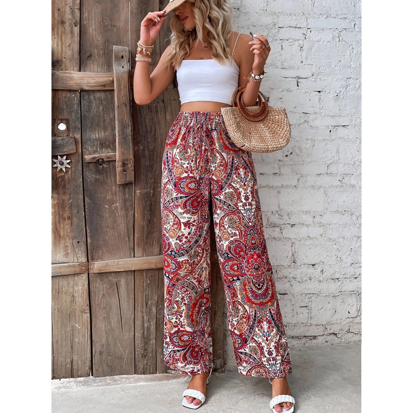 

IHUASU Women s Summer Fashion All-match Printed Elastic Waist Wide Leg Pants XL