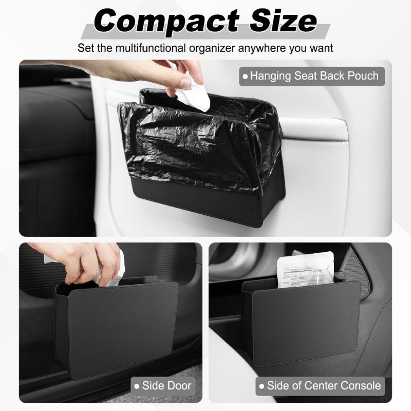 Foldable Auto Storage Bag Leather Organizer with 30 Trash Bags Mini Trash Can for Seat Back Door Console Car Interior