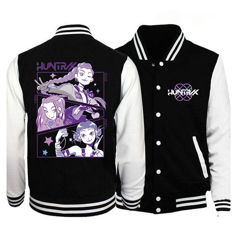 New KPop Demon Hunters Baseball Jacket Autumn Winter Fleece Tracksuit Anime Baseball Uniform Women Men Long Sleeve Jersey Tops