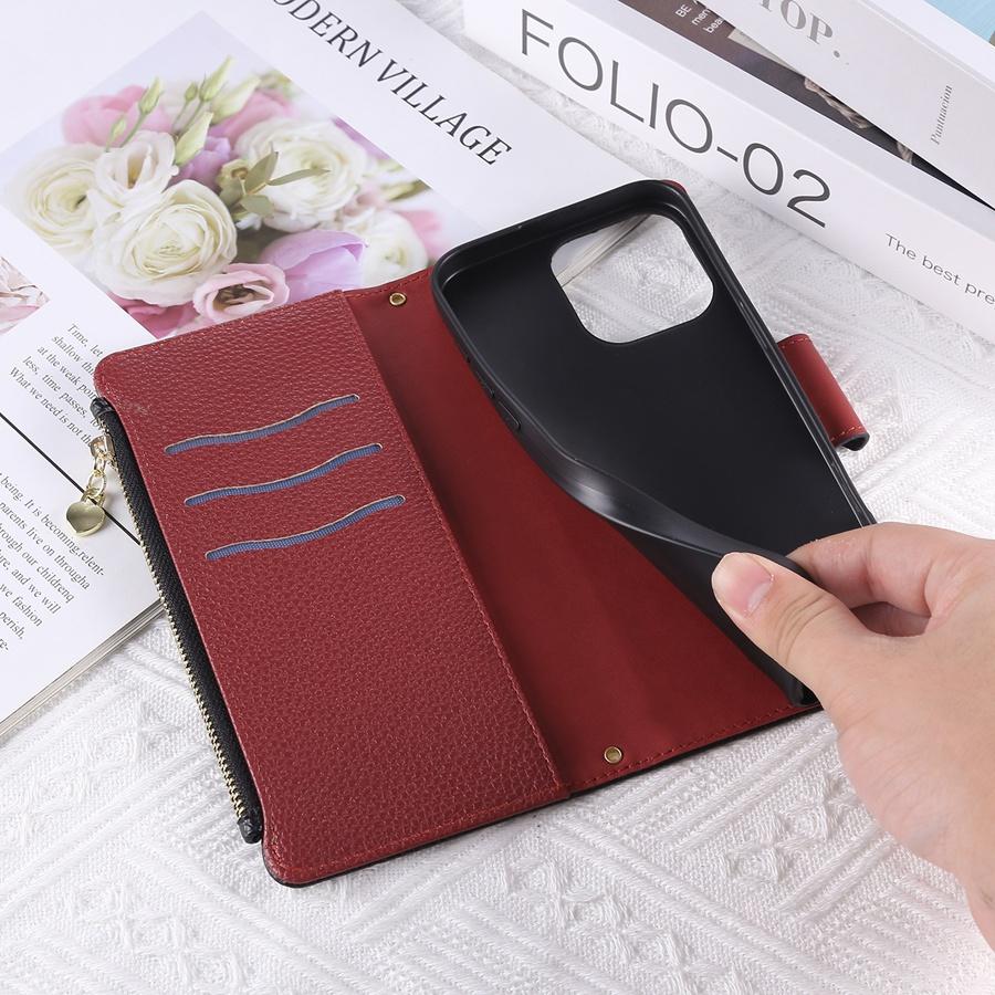 Pentru iPhone Textură Litchi Piele PU Portofel Husă Telefon cu 3 Sloturi pentru Carduri+Buzunar Lateral cu Fermoar+Slot pentru Bani Gheață Șnur Detașabil Huse Telefon Multifuncționale