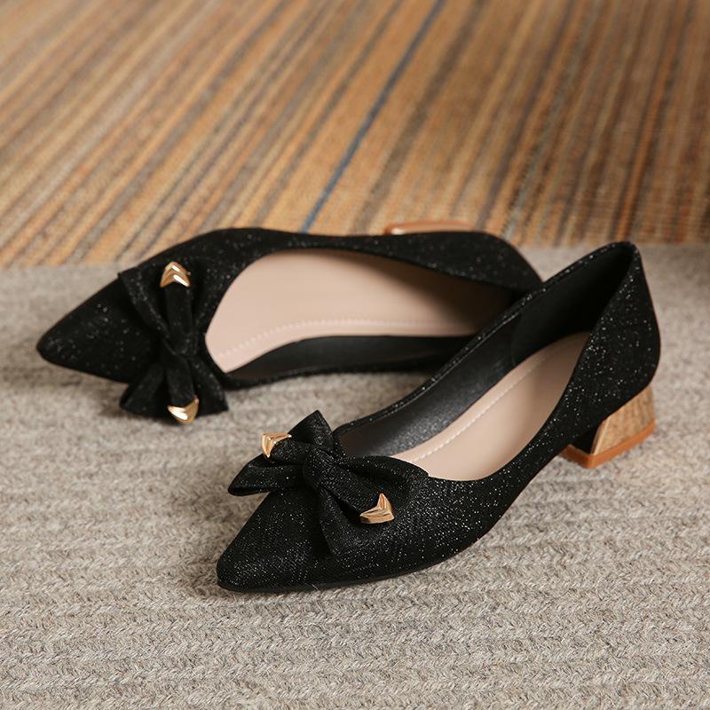 Spring New Evening Shoes French Thick Heel High Heels Pointed Single Shoes Women's Medium Heel Large Size Shoes 40-43 Women's Shoes