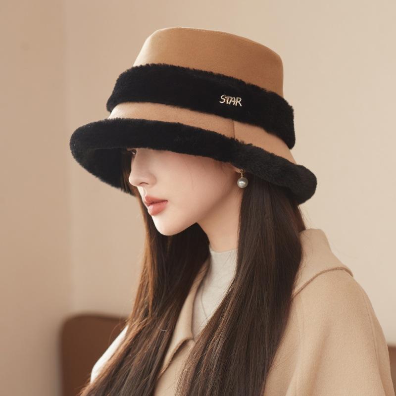 Autumn and Winter Thickened Plush Splicing Bucket Hat Women's Ear Protector Hat Basin Hat for Casual & Formal Outfits, Cold Weather Gear