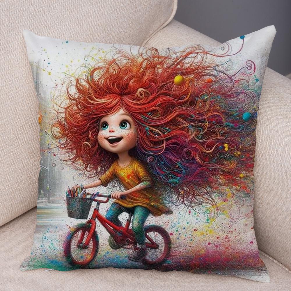 Double Print Cute Cartoon Explosive Hairstyle Cushion Cover Pillowcase Decor for Sofa Home  Super Soft Plush Pillow Case
