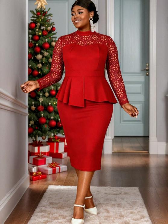 Elegant Plus Size Lace Dress with Ruffle Waist for Wedding Guests