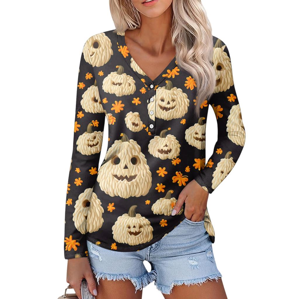 Women's Casual Fashion Sexy Comfort Halloween Printed V-Neck Button Long Sleeve