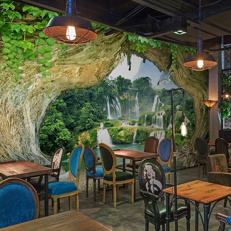Cave Waterfall 3d Stereoscopic Scenery Wall Paper For Living Room Kitchen Restaurant Bar Wall Decor Mural Wallpaper