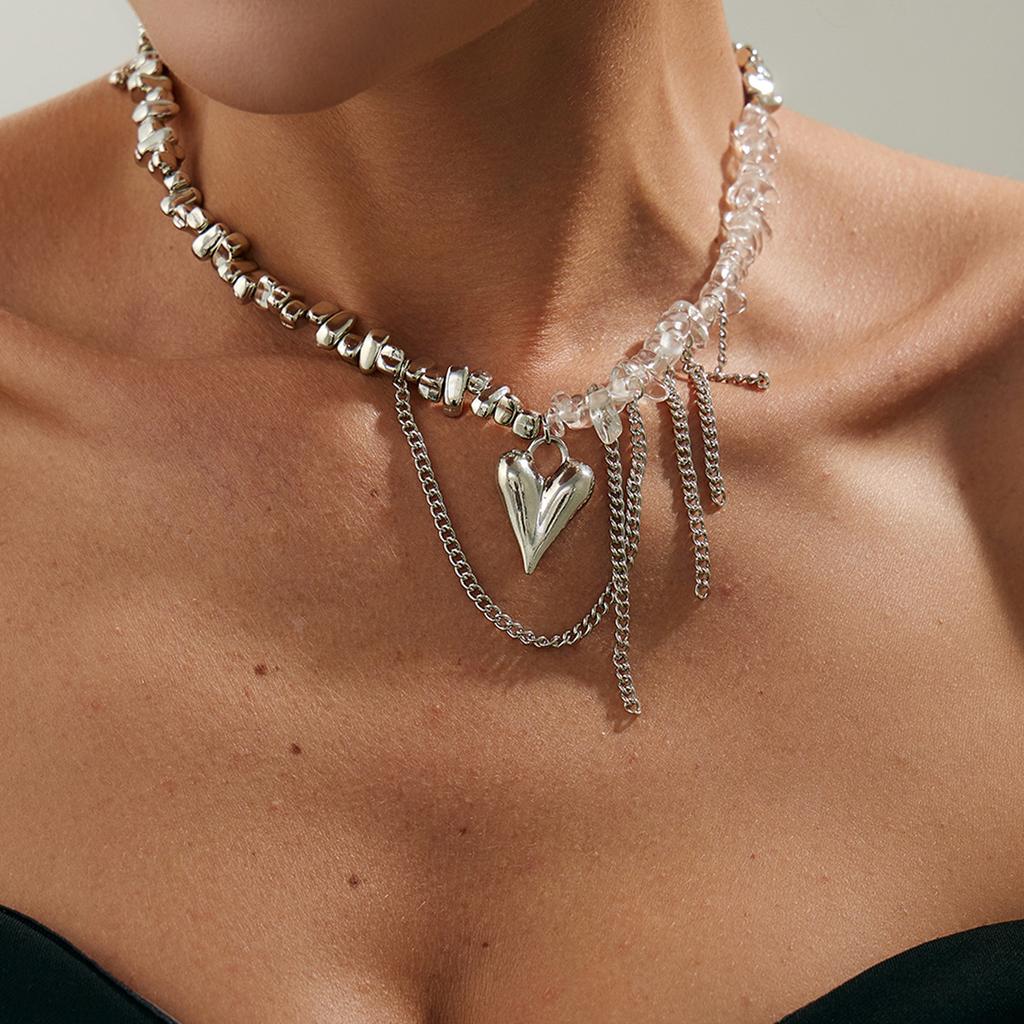 Retro Metal Heart Pendant Necklace Simple Pink Natural Stone String Irregular Round Beads Girls Jewelry