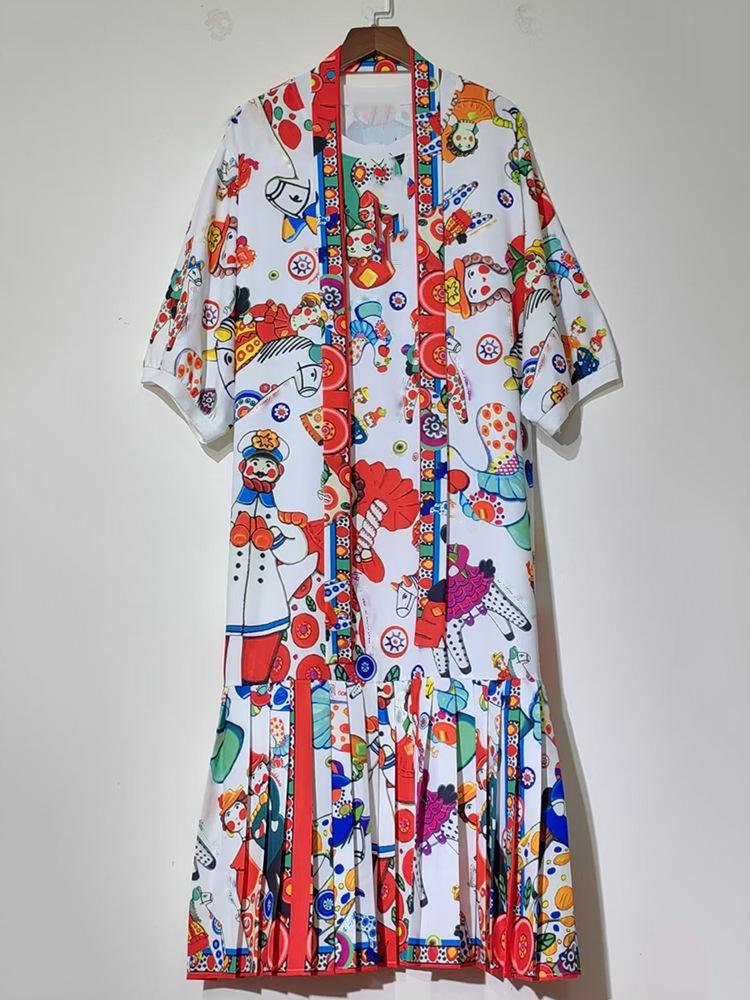 2025 Women's Retro Geometric Print Short Sleeve T-Shirt Dress with Loose Puffy Skirt