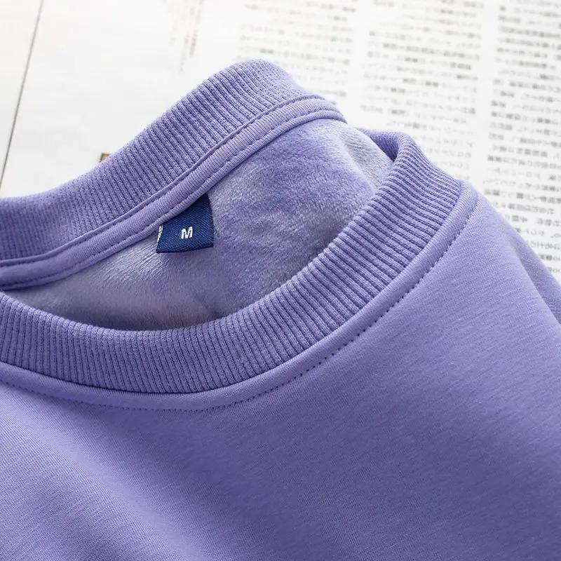 Pure Cotton Plush Thickened Sweatshirt Thin Plush Heavyweight Solid Round Neck Sweater Autumn Winter Warm Sweater