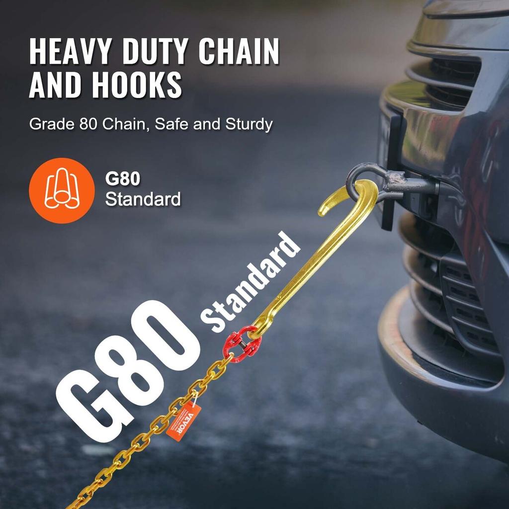 5/16"x6' G80 Tow Chain 15" J Hook Long Shank RTJ & Grab Hooks Wrecker Tie
