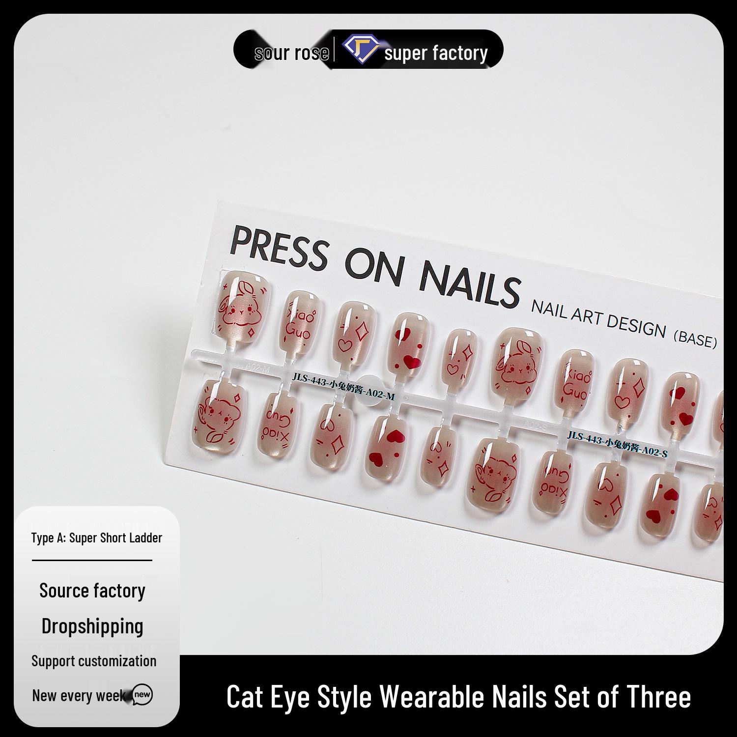 

Jiaolong Cute Cartoon Rabbit Nail Patches: Removable, Sweet Style Cat Eye Design