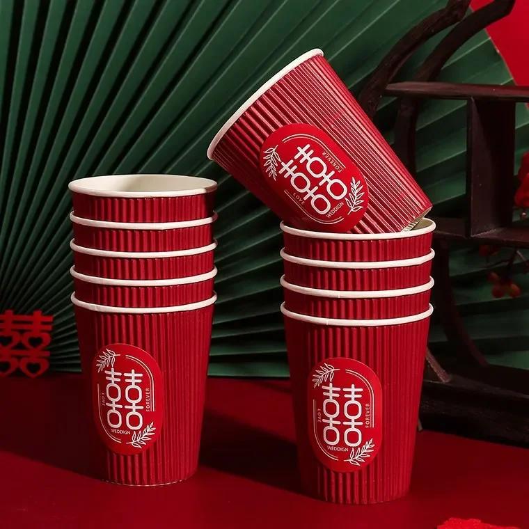 50pcs/set Disposable Paper Cup Thick Gold Foil Cup Wedding Cup Household Red Wedding Teacup Wedding Decoration