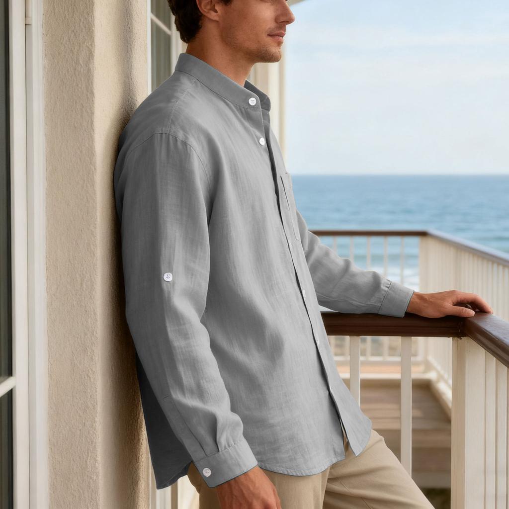 New Spring/Autumn Linen Long-Sleeved Men's Shirt Casual Beach Holiday Stand-Up Collar Commuter Shirt