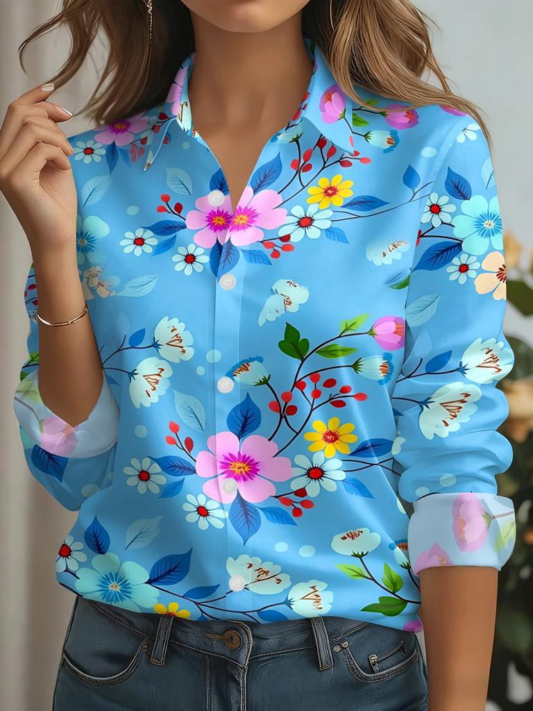 Women's Long-sleeved Shirt 2026 Spring New Fashion Floral Printing Loose and Thin Polyester Fiber Breathable