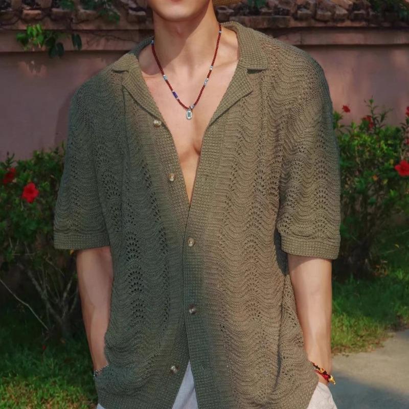 Men s Olive Green Hollow Out Knit Short Sleeve Shirt M зелёный