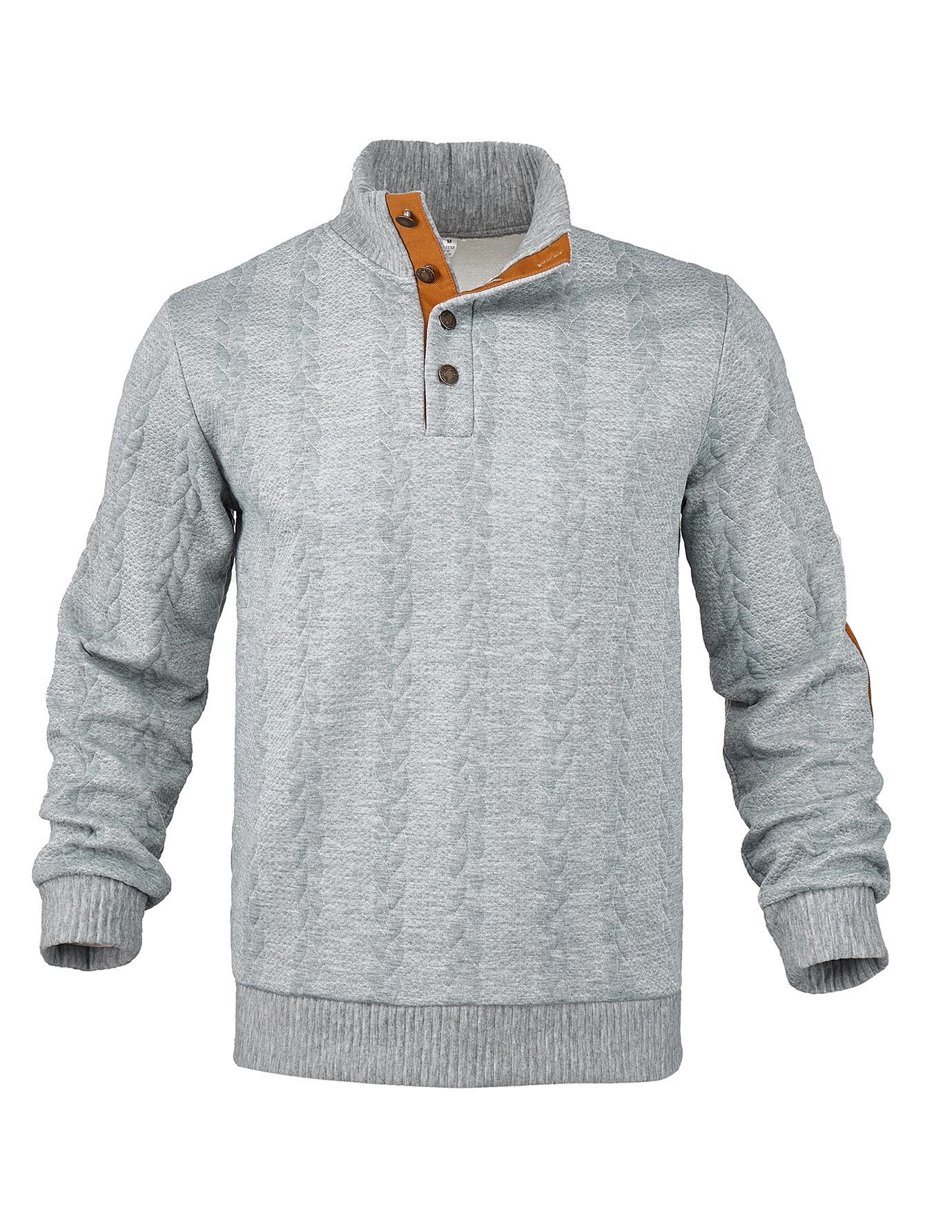 Men s Jacquard Henley Casual Sweatshirt with Button Stand Collar Large светло-серый