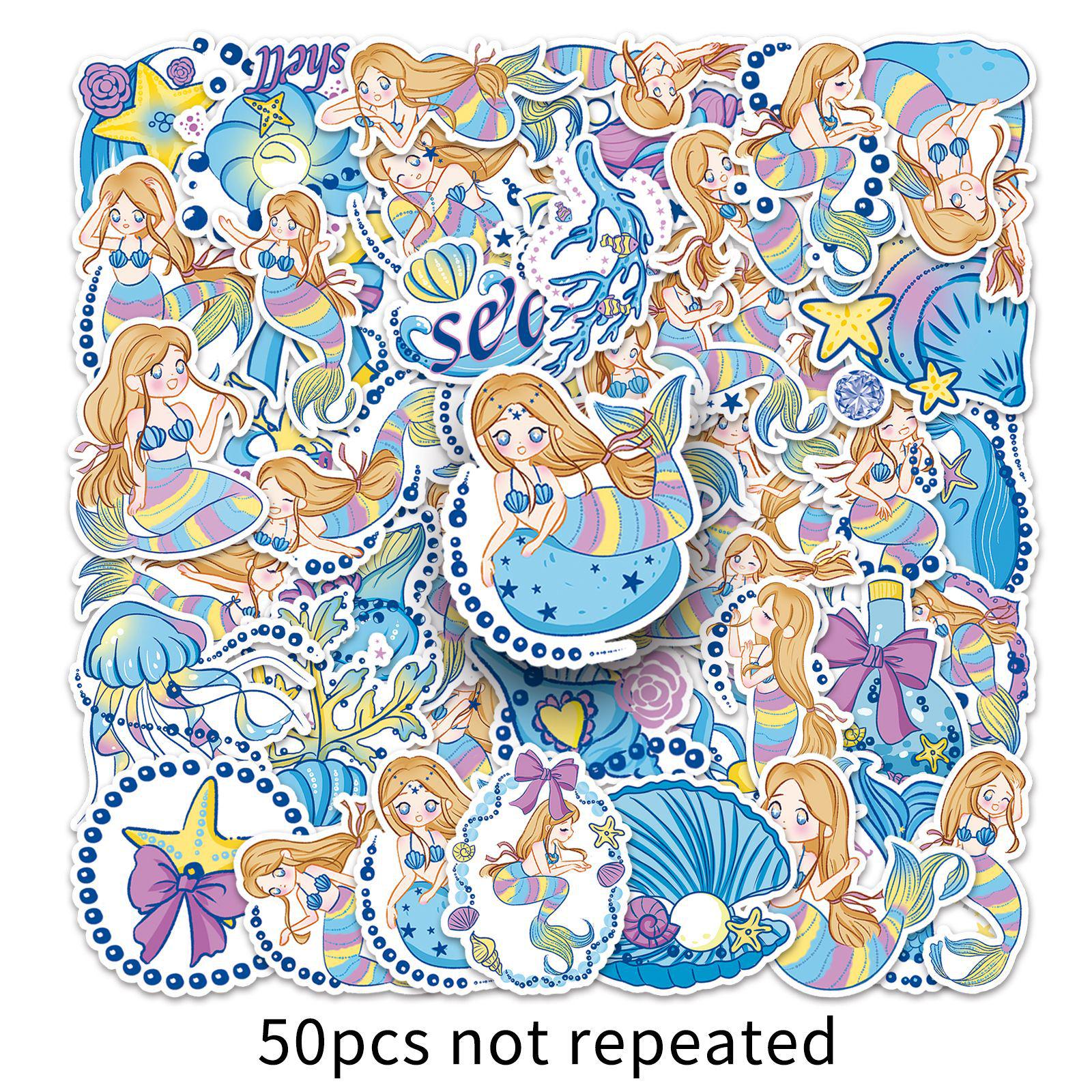 50 Original Hand-Painted Cute Mermaid Animal Stickers for Phone Cases & Water Bottles