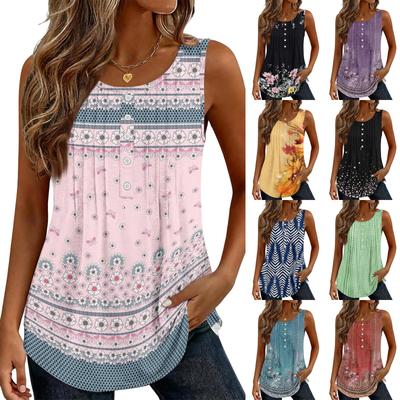 Haut T-shirt Gilet Sans Manches Décoré Boutonné Volanté Floral Rétro Décontracté Mode Femme