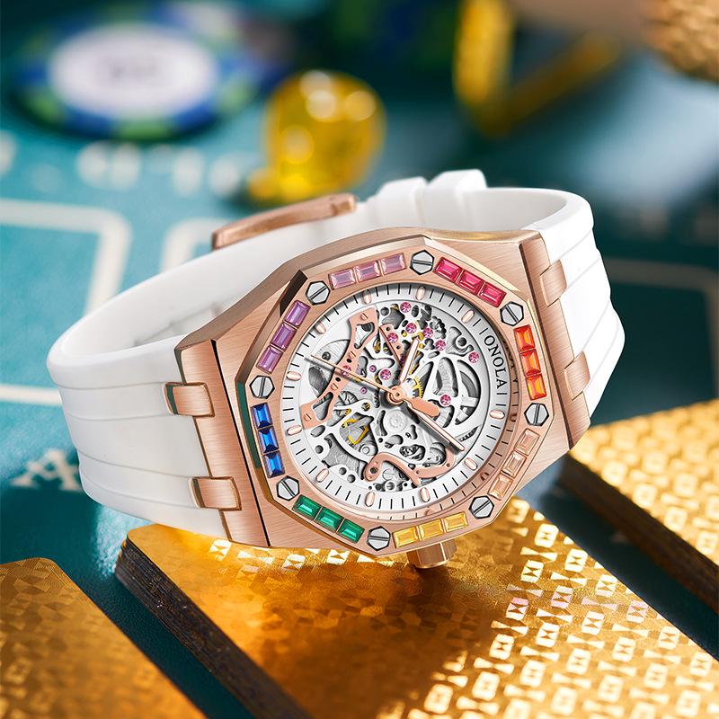 ONOLA Montre Homme Automatique Mécanique Fashion Diamants Arc-en-ciel Bracelet Silicone Étanche