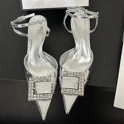 Fashion Luxury Design CRYSTAL Hollow Buckle Strap High Heels Sandals Sexy Pointed Toe Low Thin Heels Wedding Dress Mule Women Pumps