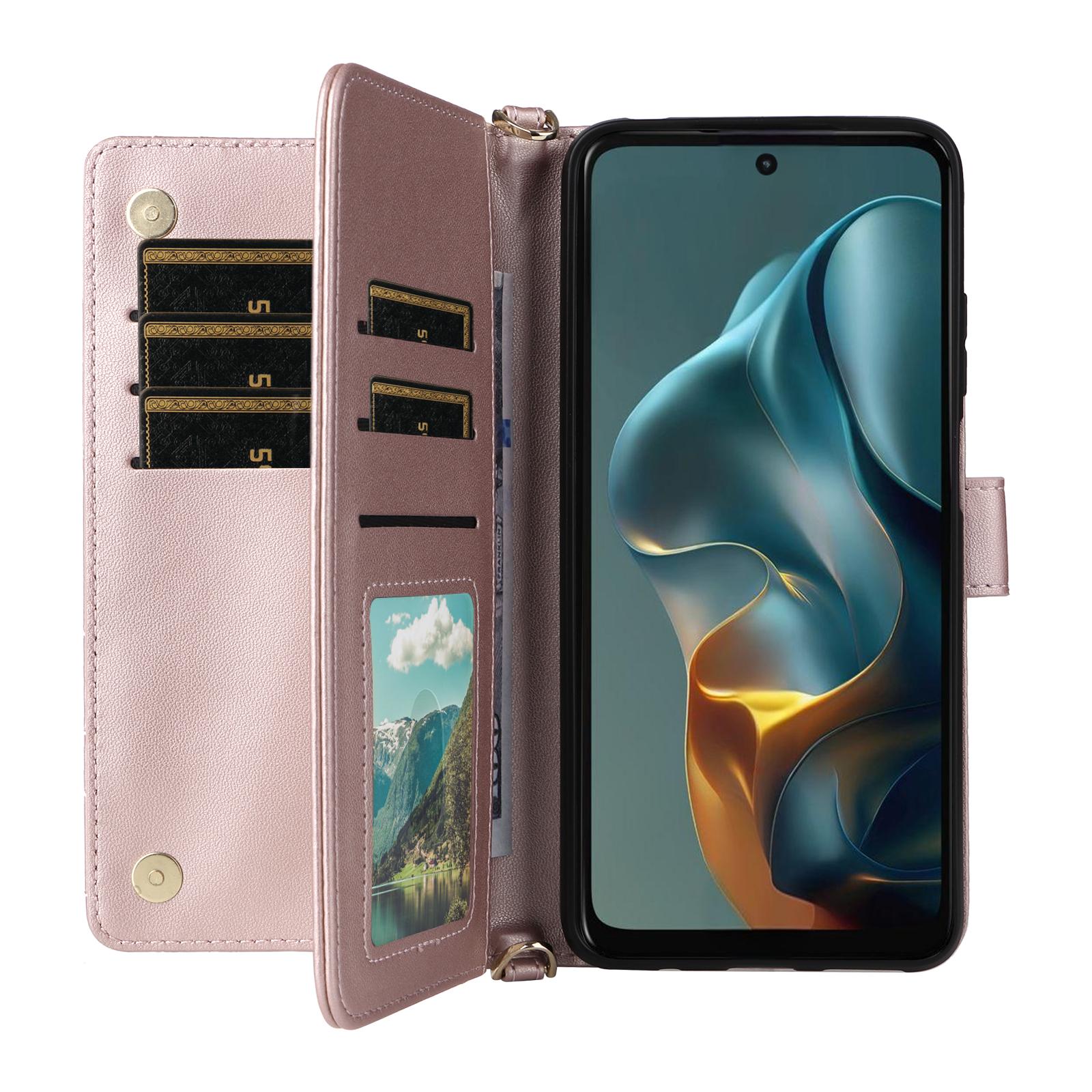 

For Motorola Moto G05 4G/E15 4G Wallet Case with Shoulder/Wrist Strap Leather Phone Cover Stand Pink