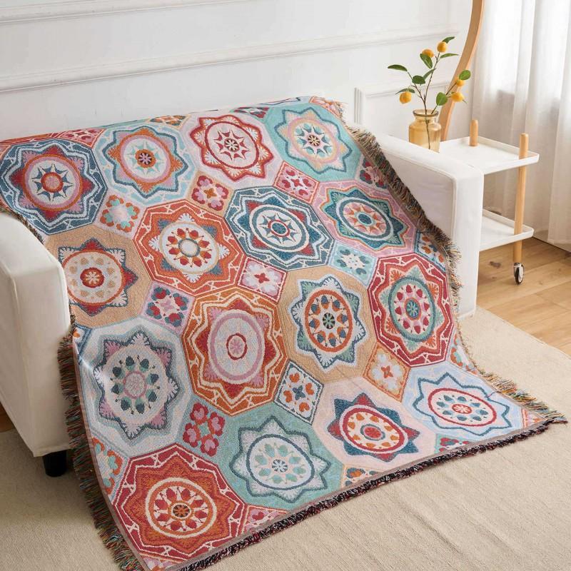 Bohemian Ethnic Cotton Blend Knit Sofa Throw Cover Slip-Resistant Thick Decorative Blanket Living Room