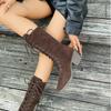 Fashion 2025 Autumn L New Pointed Head Suede Mid-calf Boots for Women Black Coffee Chunky High Heels Women's Shoes Front Lace Up Boats