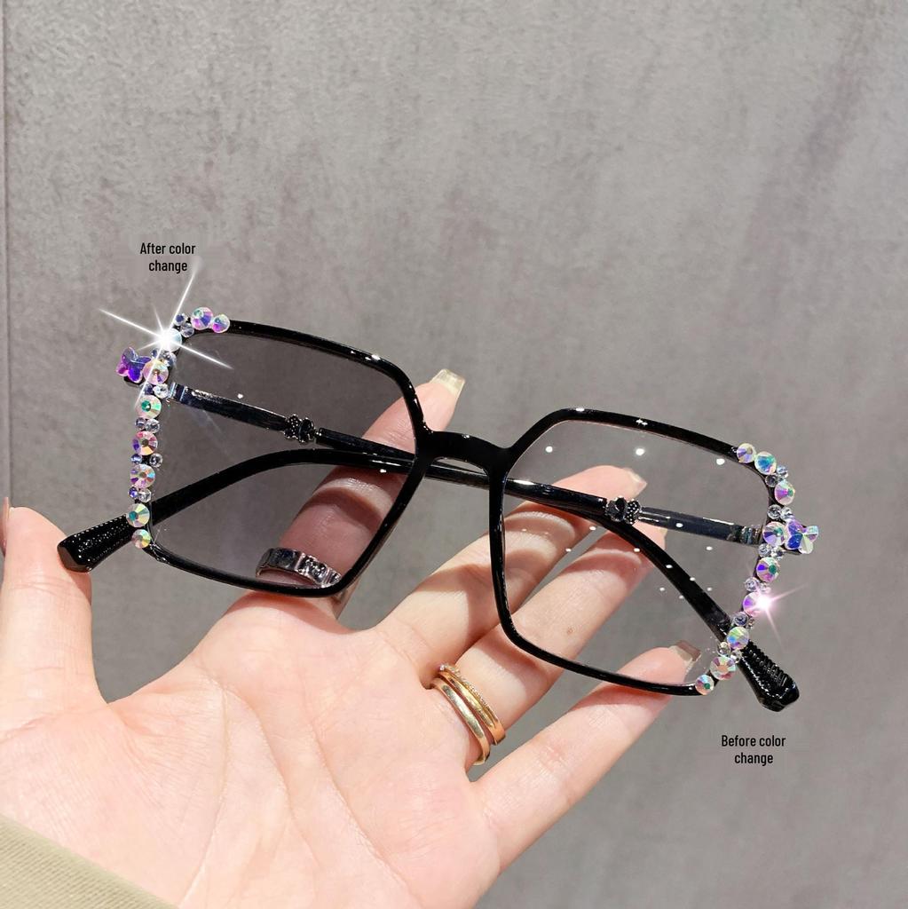 Women's Photochromic Glasses with Starry Sky Diamonds, Cross-Drilled Design, Ultra-Light Anti-Blue Light Frame