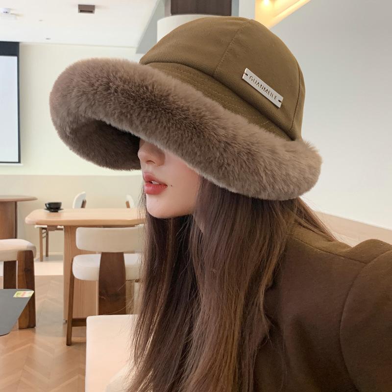 

Winter new solid color acrylic bucket hat light board versatile bucket cap thickened plush warm plush basin cap M（56-58cm） темно-зелений колір