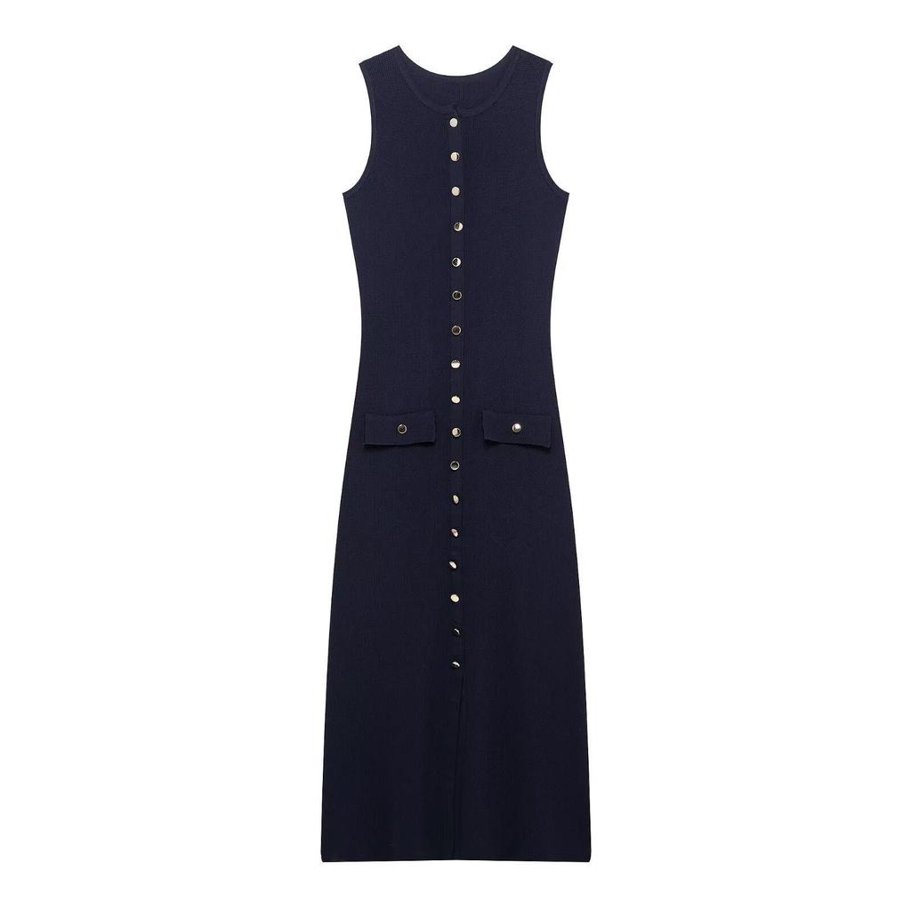 2025 Spring Women's European & American Slim Knit Sleeveless Single-Breasted High-Waisted Dress