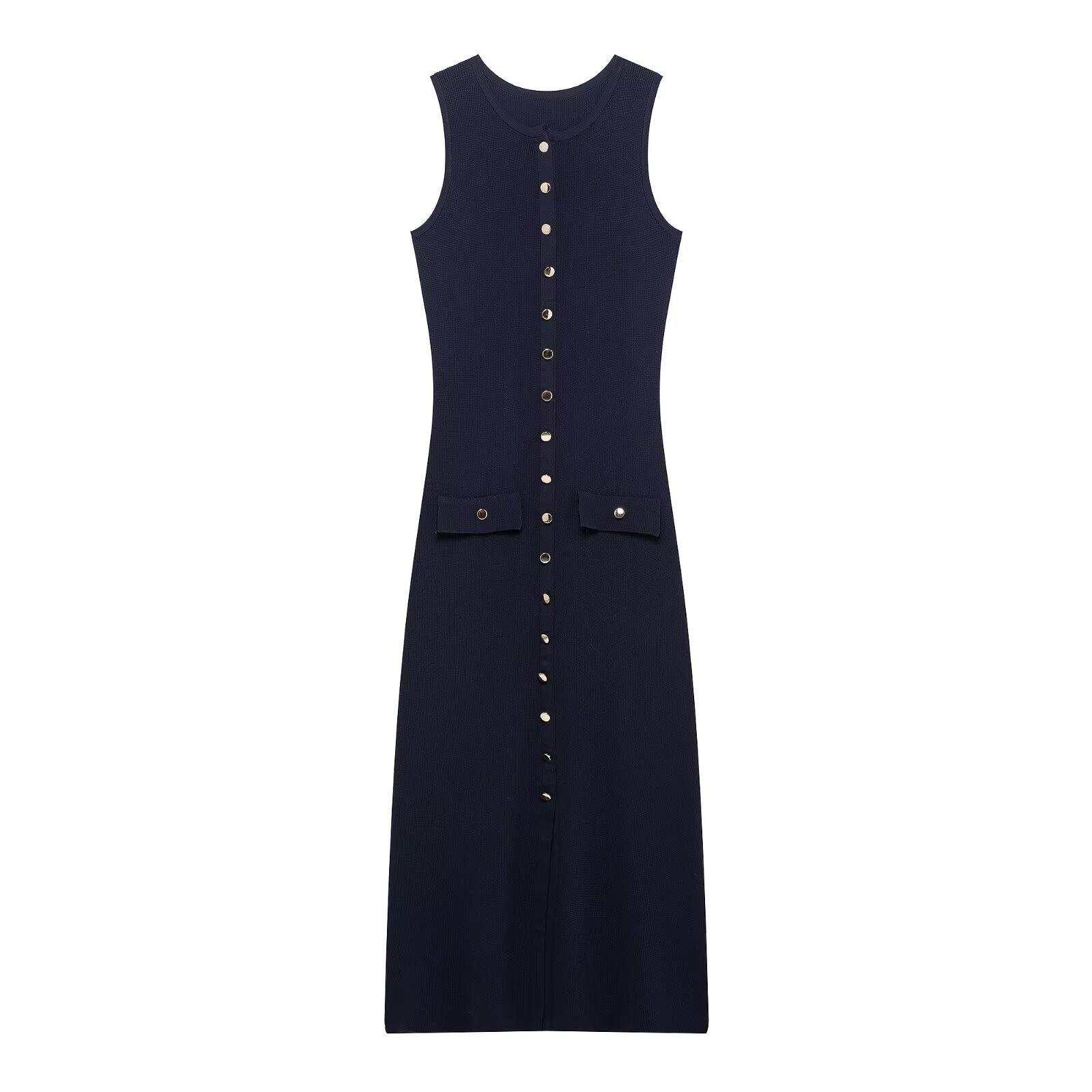 

Весна 2025 Женское Европейское и Американское Облегающее Трикотажное Платье Без Рукавов на Одной Пуговице с Завышенной Талией Large