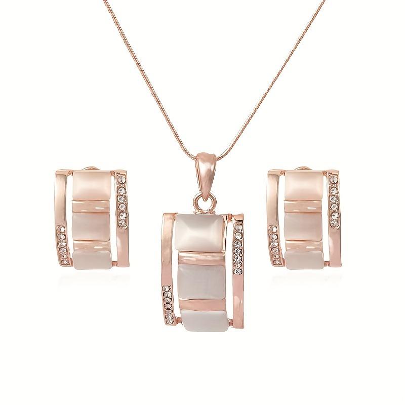 Ladies Rectangular Opal Necklace & Earrings Jewelry Set Rhinestone Imitation Gemstone Pendant Stud Earrings Jewelry Birthday Party Accessory Gift