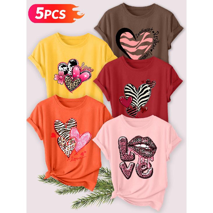 Five-piece set Elegant short-sleeved shirt for women Leopard print heart print round neck women's casual sportswear T Shirt Suitable for spring and
