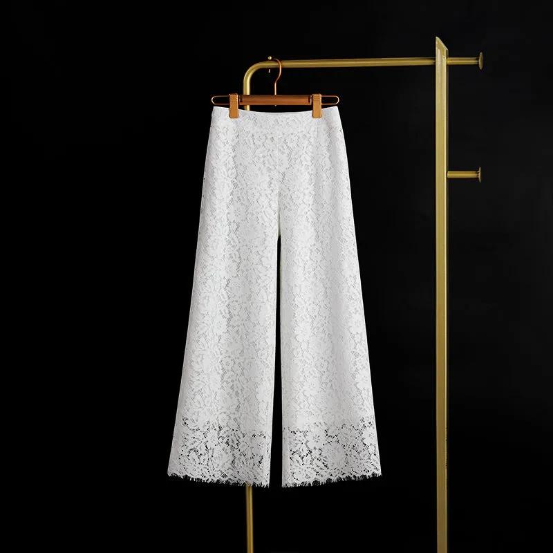 Women's Summer Design High Waist Lace Wide Leg Pants Loose Straight Draped Pants