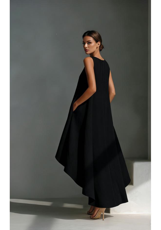 Elegant European & American Style Sleeveless Dress with Round Neck and Irregular Hem.