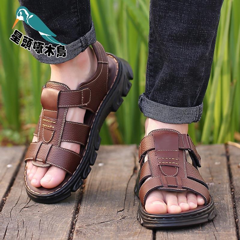 Star-headed Woodpecker Summer New First-layer Cowhide Casual Beach Shoes Wear-resistant Non-slip Medium and Old Sandals