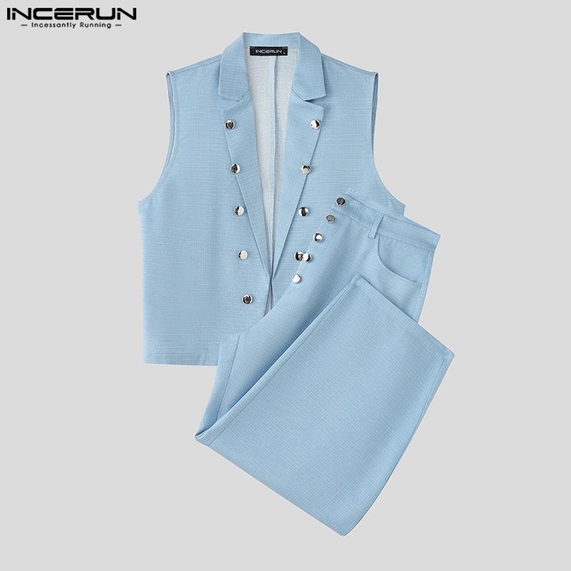 INCERUN 2PCS Two Pieces Men Sleeveless Texture Cropped Waistcoat and Long Straight Pants Sets
