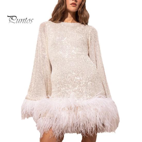 

Женское вечернее платье с тонкой талией, блестками и перьями, с открытой спиной, длинными рукавами, с круглым вырезом, короткое платье для выпускного вечера, свадьбы, мини-платье S абрикосовый