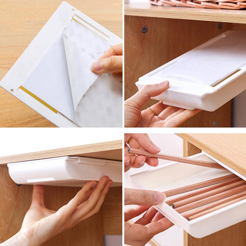 Hidden Storage Box Desk Storage Drawer Self-Adhesive Table Storage Holder Simple Makeup Brush Cosmetics Stationery Organizer
