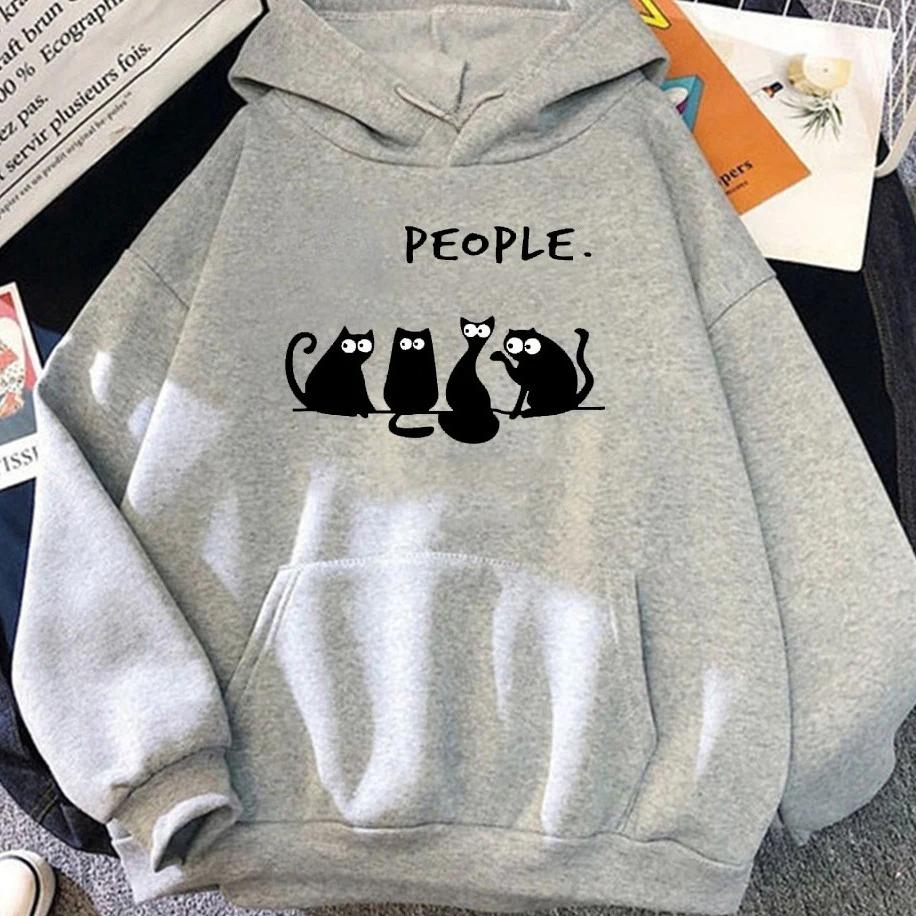 2025 Fall & Winter Womens Hoodie People Alphabet Cat & Dog Fun Print Fall & Winter New Top Harajuku Black Cat Pattern Clothing