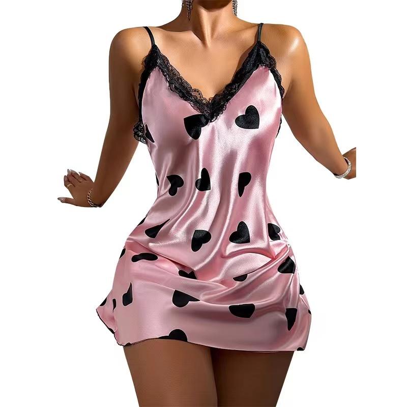 Sexy Backless Ice Silk Slip Dress Simulation Silk Nightdress Summer Love Lace Lace Pajamas Skirt Women's Home Wear