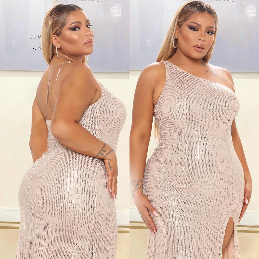 OS6739 European & American Women's Sexy Sleeveless Sequin Dress with Oblique Shoulder Design
