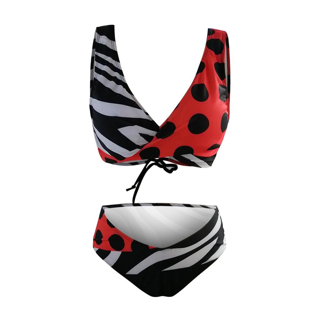 Women'S Swimsuits Tummy Control Sexy High Waist Printed V Neck Color Block Beach Bikini Two Piece Swimwear For Teen Girls
