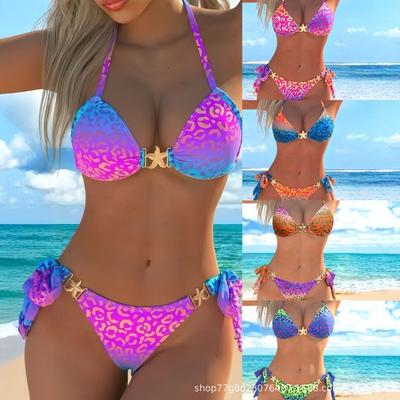 2026 Europäischer und Amerikanischer Geteilter Leopardenmuster Bikini Druck Modischer Sexy Rückenfreier Badeanzug Anzug Damen