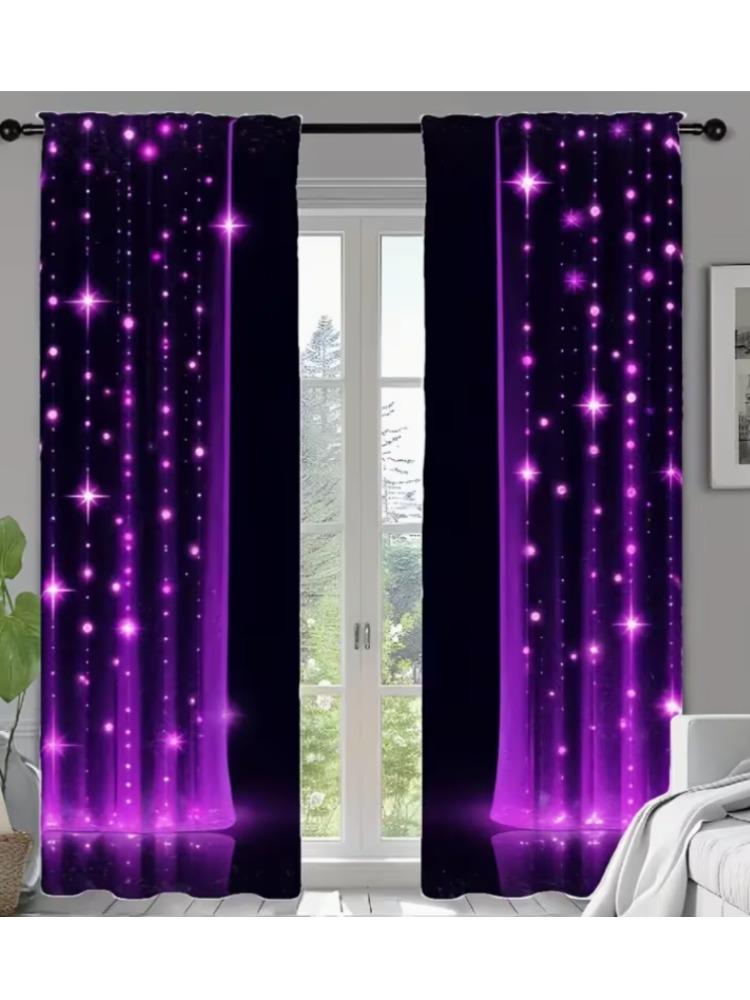 2 Stück Violette Galaxie Stern Design Vorhänge Halbtransparent Schwarz Lila Stoff Schutzstangen-Tasche Fensterbehänge Verschiedene Wohnzimmer
