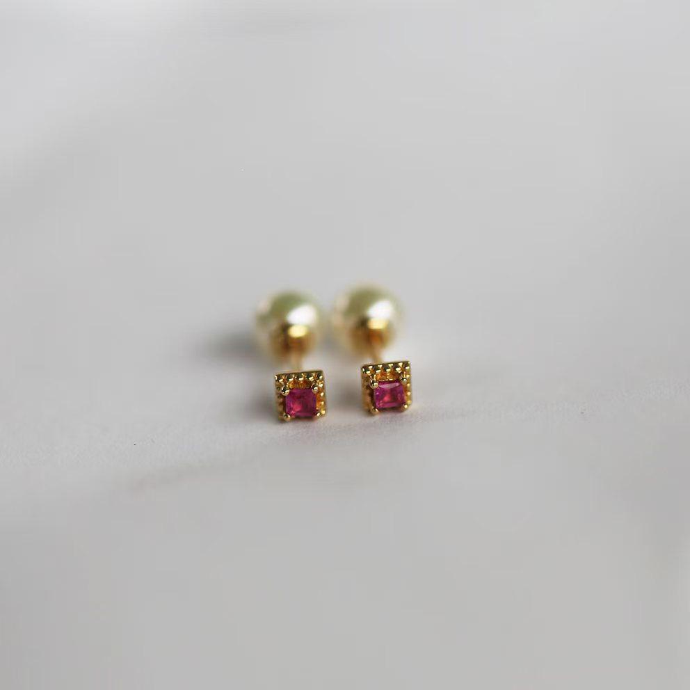 18K Gold-Plated S925 Sterling Silver Red Zirconia Square Stud Earrings with Pearl Backs, Two-Sided Wear 18K Gold Pair (with Pearl Backings)